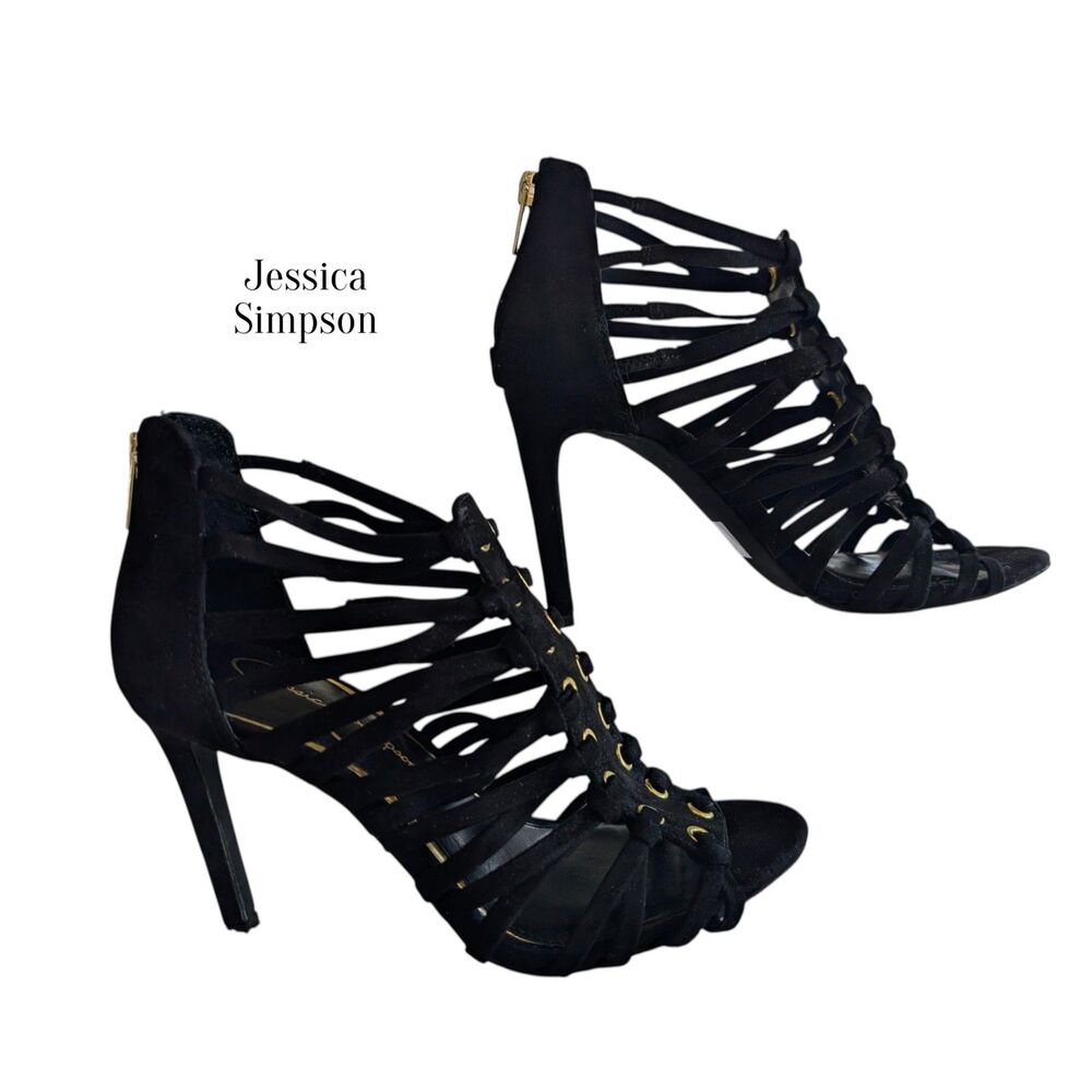 Jessica Simpson JP-Farrowh Black Strappy Heels Lace-Up Cage Stiletto